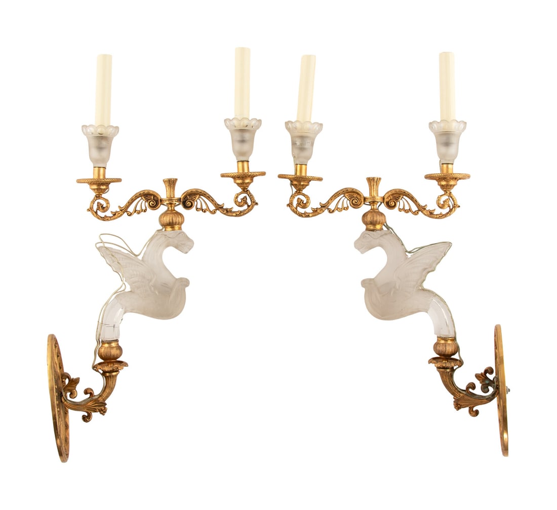 A Pair of French Gilt Bronze and Frosted Glass Two-Light Sconces (1 of 9)