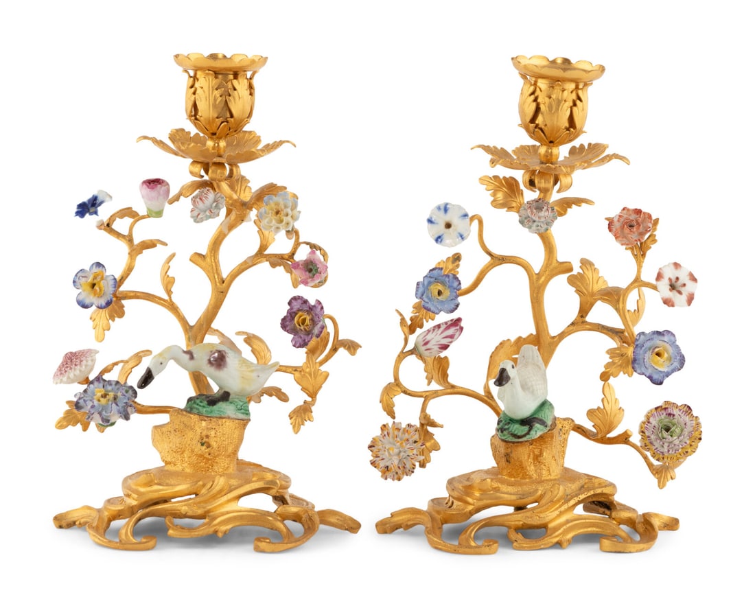 A Pair of French Gilt Bronze and Porcelain Candlesticks (1 of 9)