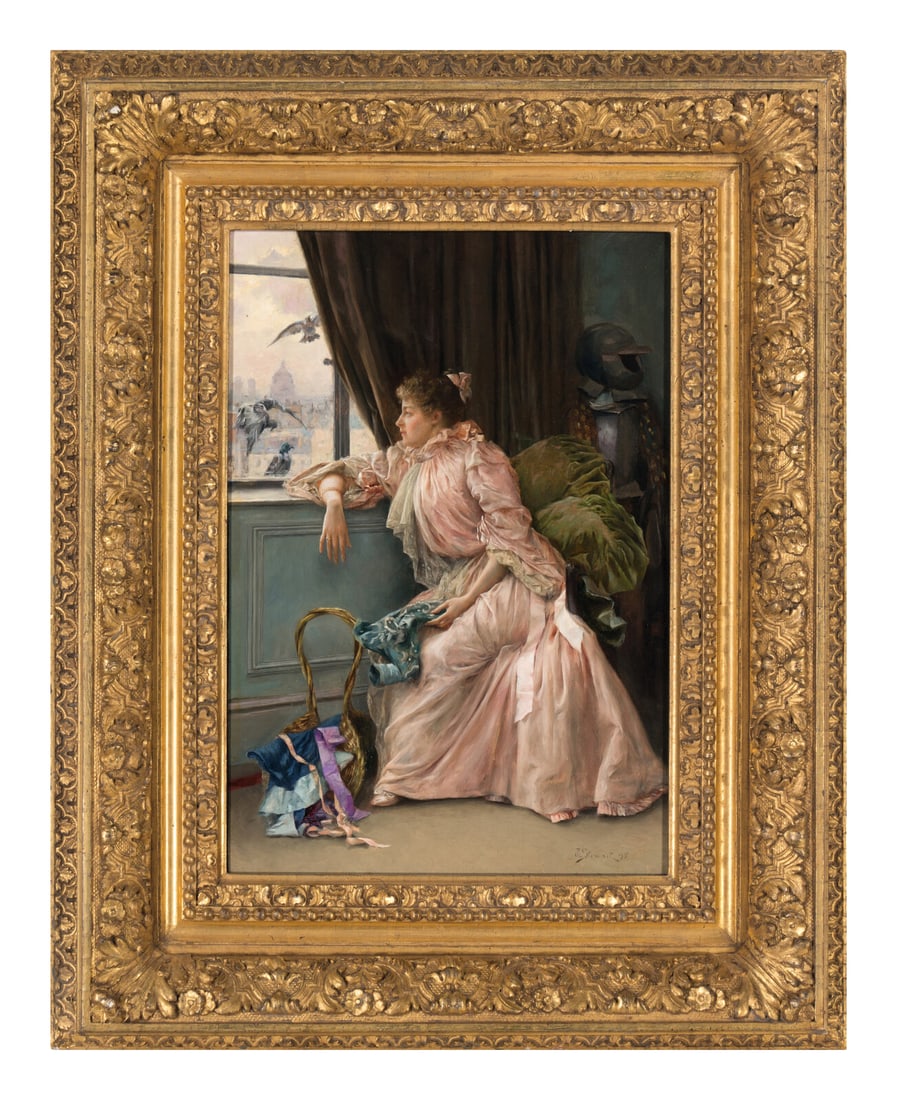 Julius LeBlanc Stewart (American, 1855-1919) Room with a View, 1895: Julius LeBlanc Stewart (American, 1855-1919) Room with a View, 1895 oil on panel signed and dated (lower right) 19 3/4 x 13 5/8 inches. This lot is located in Chicago. Property from The Private Collec