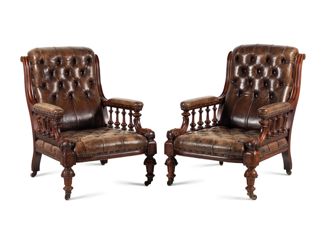 A Pair of English Carved Mahogany Buttoned Leather Armchairs (1 of 10)