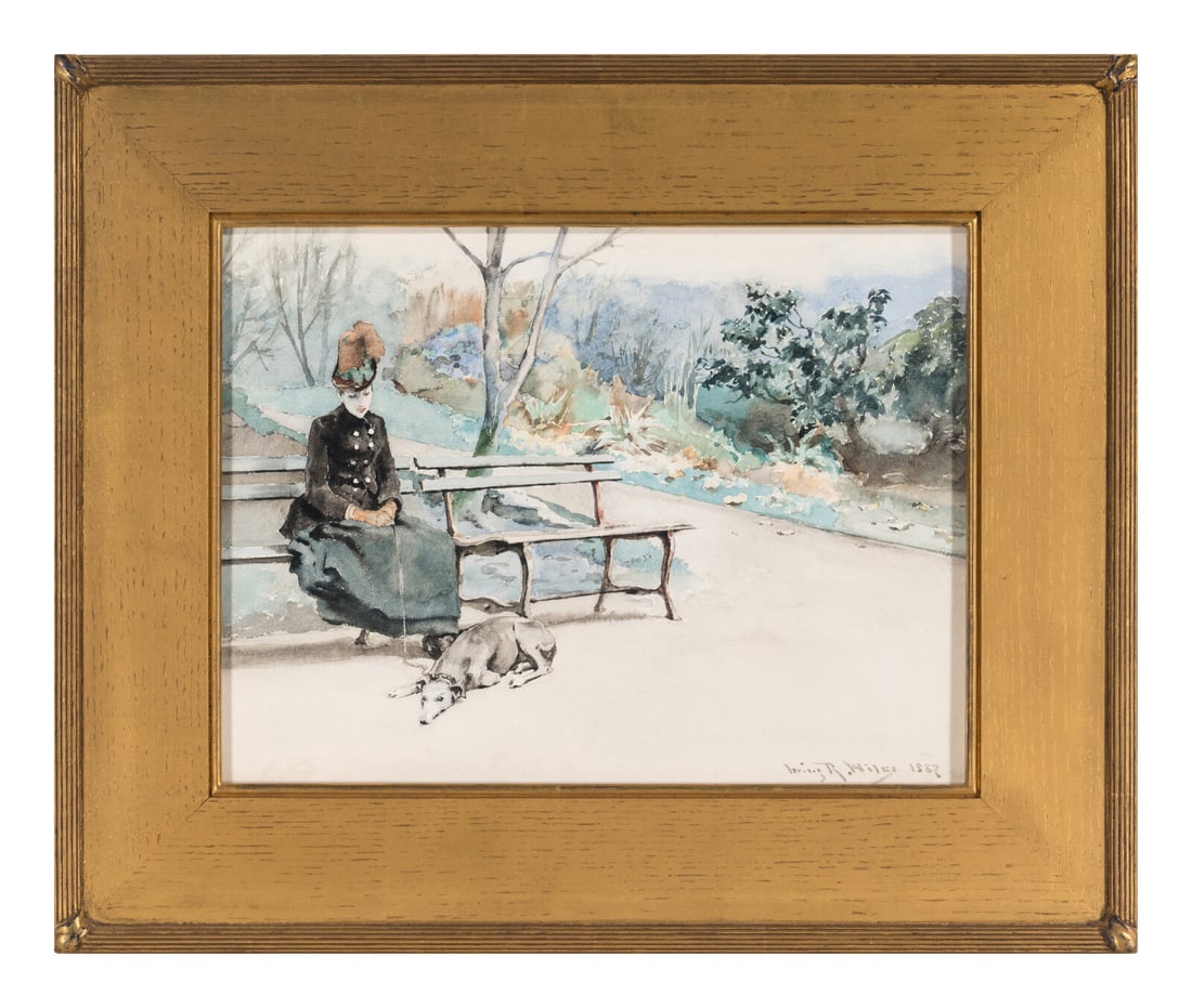 Irving Ramsey Wiles (American, 1861-1948) In the Park, 1887: Irving Ramsey Wiles (American, 1861-1948) In the Park, 1887 watercolor on paper signed Irving R. Wiles and dated (lower right); signed, titled, and inscribed (verso) 11 x 14 5/8 inches. This lot is lo