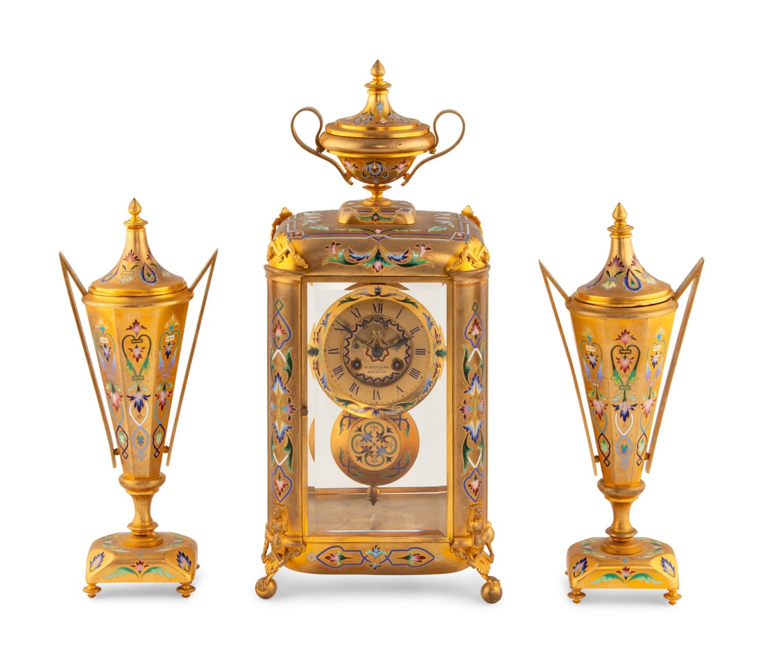 An English Champlevé Enamel and Gilt Bronze Clock Garniture (1 of 11)