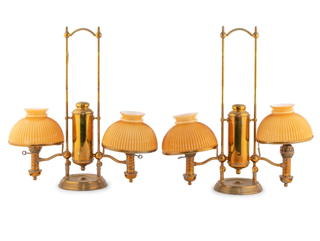 A Pair of Victorian Brass and Opaline Glass Double Student Lamps (1 of 9)