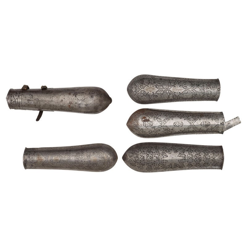 Lot of 5 Indo-Persian Bazu Bands: Lot of 5 Indo-Persian Bazu Bands All items are about 12.5" x 4" and appear to be made from steel or polished iron. All items in this lot features relief engravings of floral scrollwork, Arabesque patt