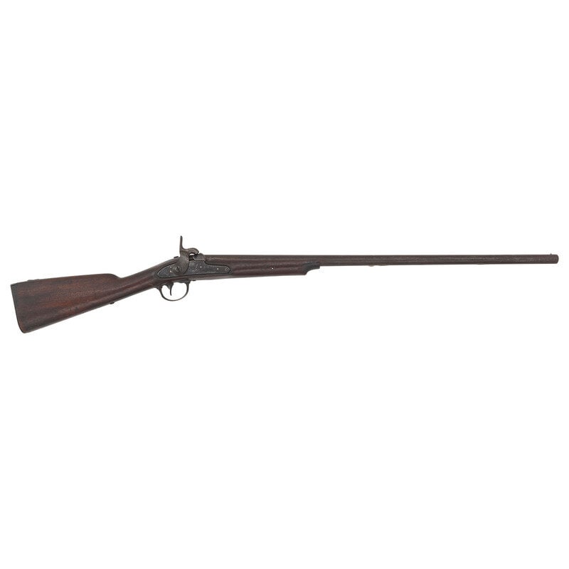 Cut Down U.S. Model 1842 Musket with Harpers Ferry Lock: Cut Down U.S. Model 1842 Musket with Harpers Ferry Lock .69 caliber. 32" round barrel. NSN. Heavily oxidized metal, iron furniture, walnut stock. Single shot smoothbore percussion muzzleloading musket