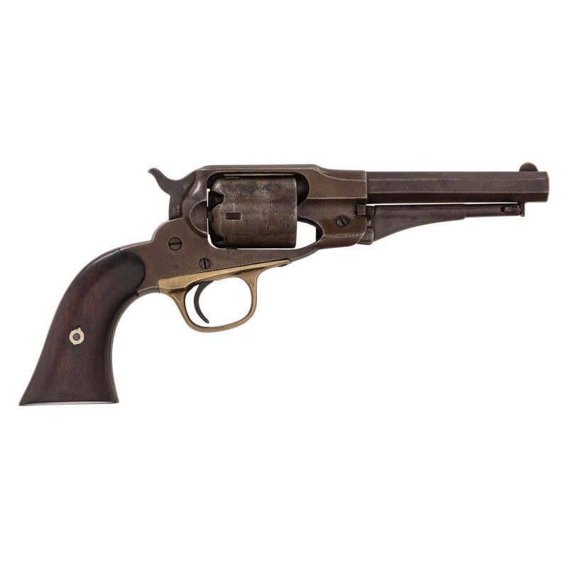 Remington New Model Police: Remington New Model Police .36 Caliber. 4.5" barrel length. SN: 12472. Blued metal finish with brass triggerguard mounting varnished walnut grips, and featuring an octagonal barrel with half-moon fron