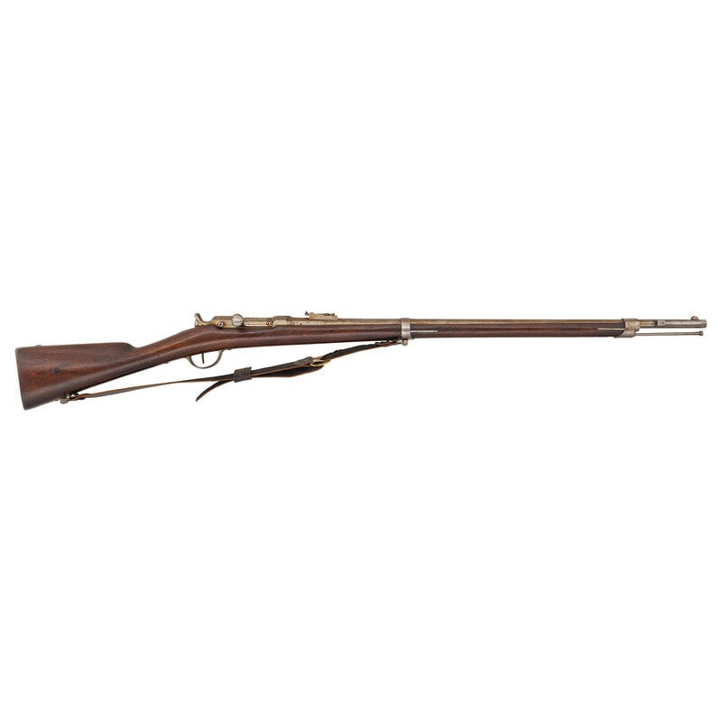 French Model 1866 Chassepot Rifle: French Model 1866 Chassepot Rifle Franco-Prussian War 11mm. 32.5" barrel. SN: F16735. Bright finish, steel furniture, European hardwood stock. Single shot bolt action "needle rifle" with military tang