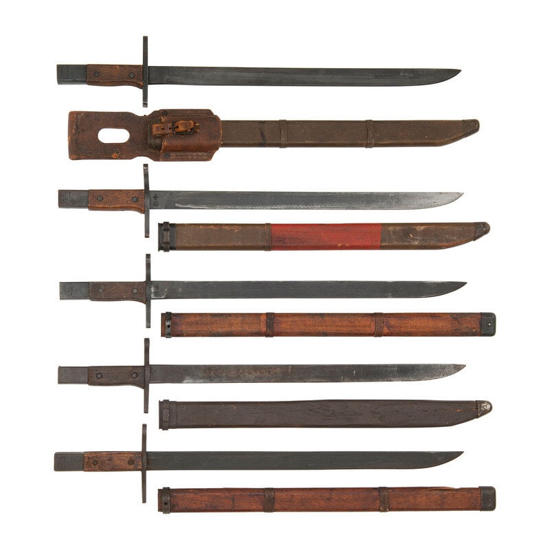 Lot of 5 WWII-era Japanese "Last Ditch" Type 30 Bayonets with Wood Scabbards (1 of 2)