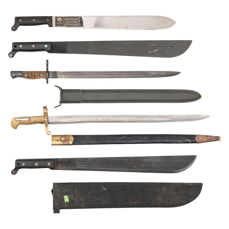 Lot of Assorted Military Machetes and Reproduction Bayonets: Lot of Assorted Military Machetes and Reproduction Bayonets 1.) 15.75" blade length. 21" overall with hilt. Single edged machete with black Bakelite grip panels retained by four fasteners on a full ta
