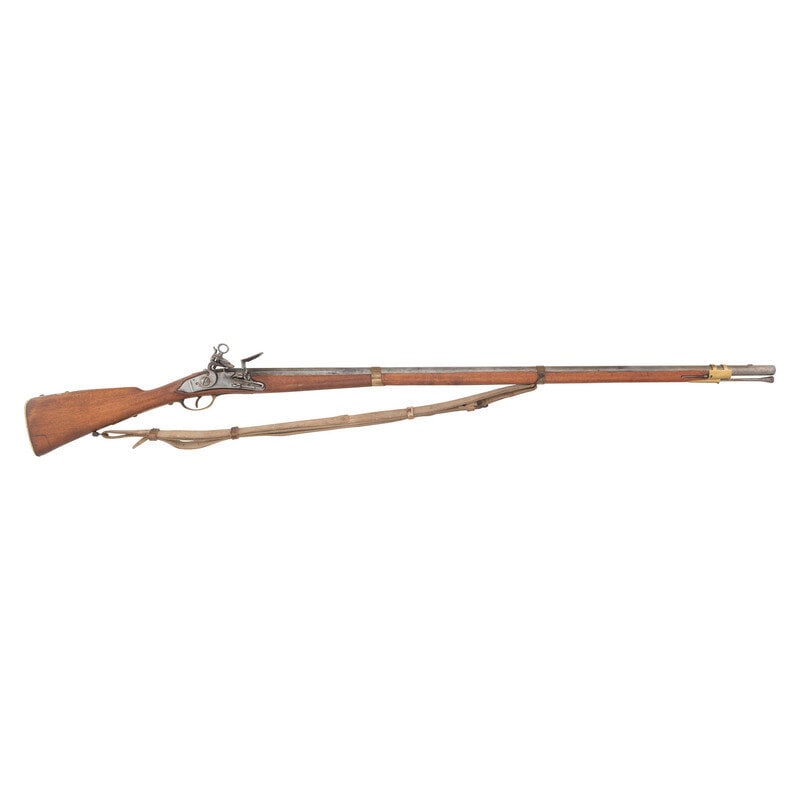 Reproduction Spanish Model 1757 Miquelet Musket: Reproduction Spanish Model 1757 Miquelet Musket .69 caliber. 44" octagon to round barrel secured by three flat brass bands. SN: 37279. Bright finish, brass furniture, hardwood stock. Reproduction Span
