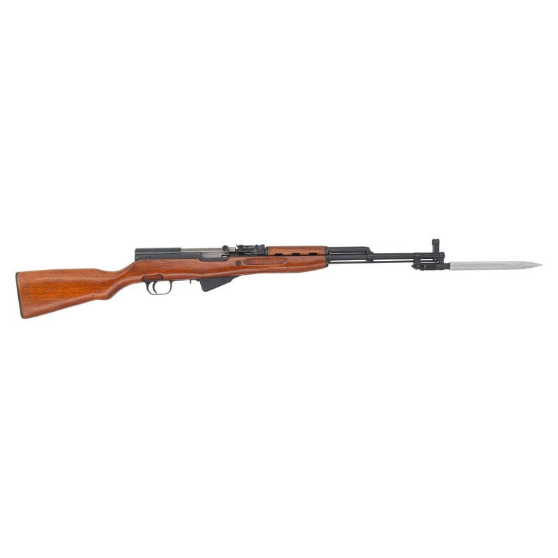 **Chinese Factory 26 Type 56 SKS Rifle: **Chinese Factory 26 Type 56 SKS Rifle 7.62x39mm. 20" barrel length. SN: 8140312. Blued metal finish overall with matte barrel and bolt carrier set in semi-pistol grip wood stock and mounting adjustab