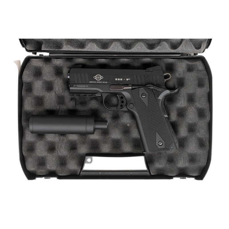 *American Tactical GSG 922 Pistol in Box with Faux Suppressor: *American Tactical GSG 922 Pistol in Box with Faux Suppressor .22 LR. 3.4" barrel length. SN: A510807. Black Anodized finish to slide and frame with polished hammer flanks, black synthetic diamond che