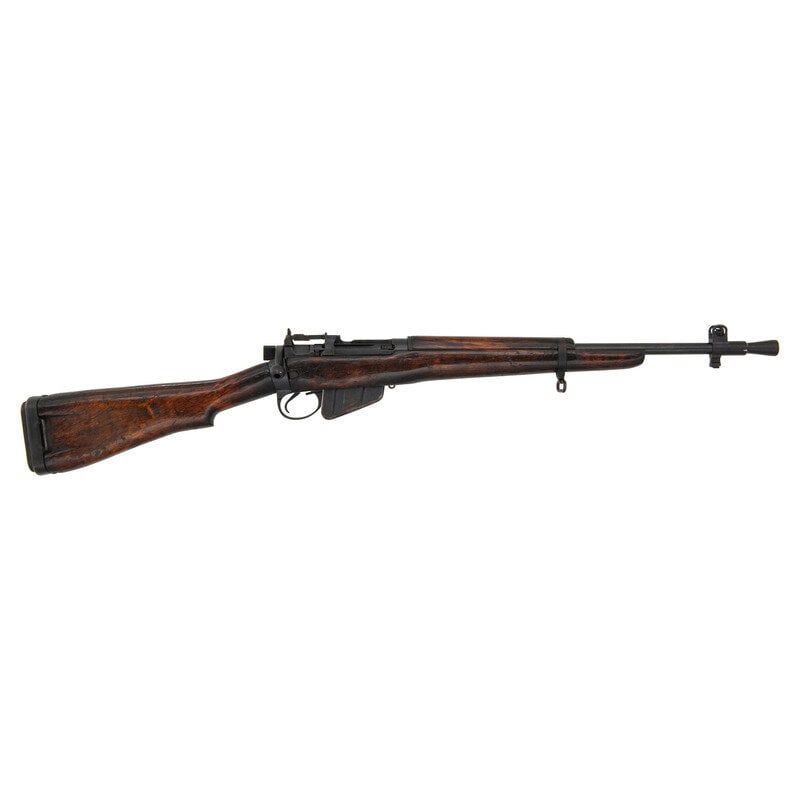 **British Enfield No. 5 Mk. I Jungle Carbine: **British Enfield No. 5 Mk. I Jungle Carbine .303 British. 20.5" barrel length (Including flash eliminator). SN: U6023. Blued metal finish with varnished walnut stock mounting a conical flash hider an