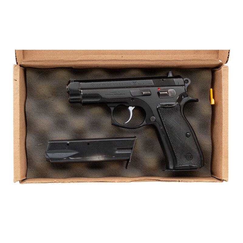 *CZ 75 SC Massada with Israeli Markings and Two Magazines: *CZ 75 SC Massada with Israeli Markings and Two Magazines 9mm Para. 3.7" barrel length. SN: CZ7500259. Black Polycoat finish overall with matte finished trigger and mounting checkered black synthetic 