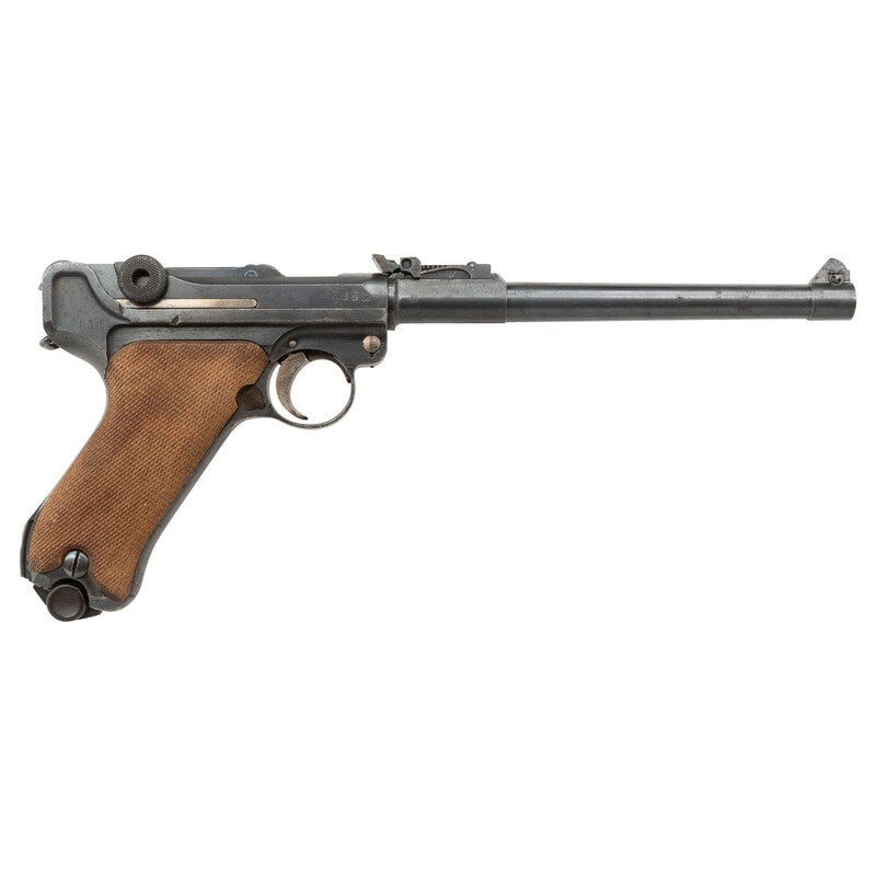 **Non-Matching DWM Model 1914 Artillery Luger Dated 1917: **Non-Matching DWM Model 1914 Artillery Luger Dated 1917 World War I 9mm Para. 8" barrel. SN: 7505b. Blued metal refinish overall with straw colored and nitre blued small parts mounting checkered waln