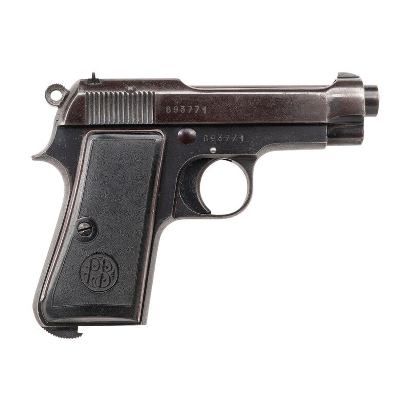 **Beretta Model 1934 (No Magazine): **Beretta Model 1934 (No Magazine) .380 ACP. 3.7" barrel length. SN: 693771. Blued metal finish with polished barrel mounting textured black synthetic PB logo grips. Simple blowback operated single ac