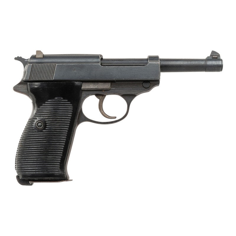 **Scarce E/140 and MI marked FN Frame C-Block ac45 Code Walther P.38 Pistol: **Scarce E/140 and MI marked FN Frame C-Block ac45 Code Walther P.38 Pistol World War II 9mm Para. 4.9" barrel. SN: 1455c. Blued metal finish with horizontally serrated black Bakelite grips and factor