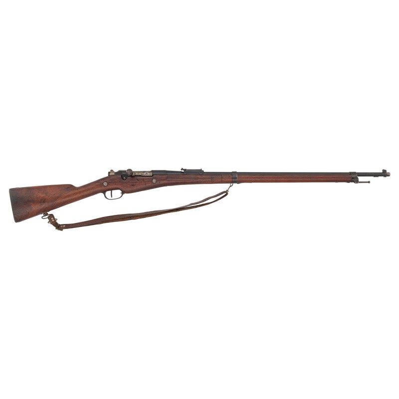 **French Model 1907 Berthier Rifle by Chatellerault : **French Model 1907 Berthier Rifle by Chatellerault World War I 8x50R. 32.3" barrel. SN: A19416. Blued finish, steel furniture, walnut stock. Bolt action repeating rifle with clip fed 3-round magazine