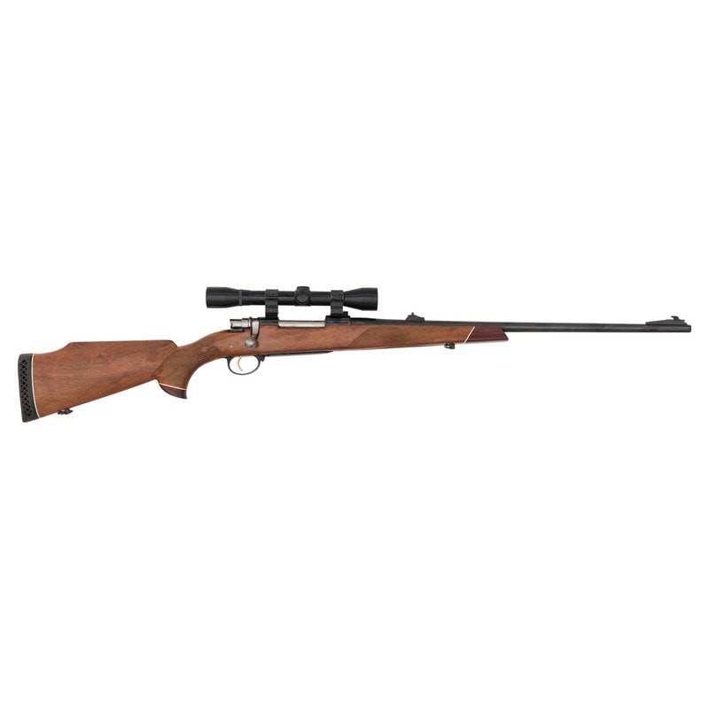 *A.D. Heller Alpine Supreme Mauser Supreme with Scope: *A.D. Heller Alpine Supreme Mauser Supreme with Scope 7mm Magnum. 24" barrel length. SN: MAG-29103. Blued metal finish with polished bolt, jeweled bolt body, and set in a polished semi-pistol grip sto
