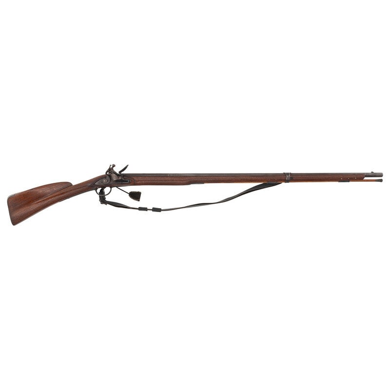 Reproduction French Flintlock Musket: Reproduction French Flintlock Musket .62 caliber smoothbore. 41.25" octagon to round pinned barrel with single flat barrel band. NSN. Bright finish, iron furniture, hardwood stock. Single shot muzzlel