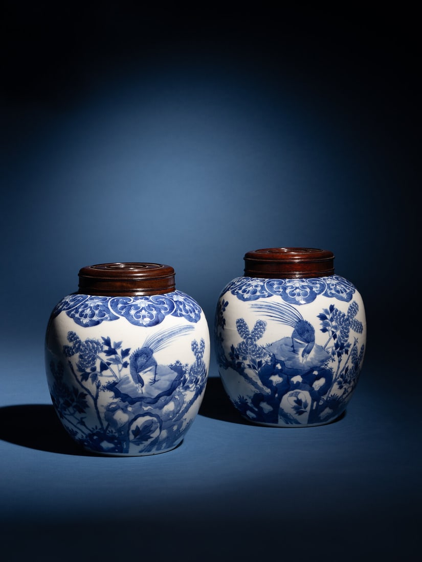 A Pair of Chinese Blue and White Porcelain 'Peonies and Pheasant' Ginger Jars, Guangxu Period (1 of 10)