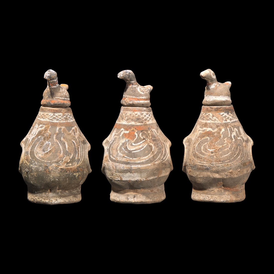 Three Chinese Painted Grey Pottery Pear-Shaped Covered Hu Vessels, Han Dynasty  漢 彩 (1 of 3)