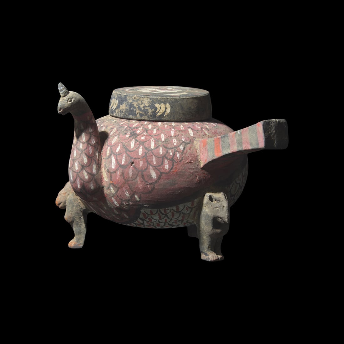 An Unusual Chinese Painted Pottery Jiaodou Vessel, Han Dynasty 漢 彩繪灰 (1 of 4)