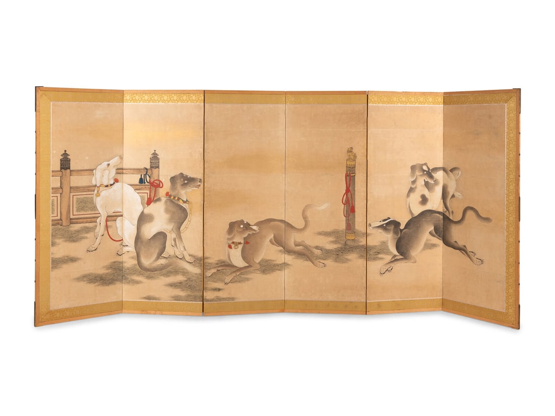 Possibly Unkoku School, Edo Period (1615-1868) 江戶時代 雲谷: Possibly Unkoku School, Edo Period (1615-1868) 江戶時代 雲谷派“五犬圖”六扇屏風 Edo Period (1615-1868) Ka
