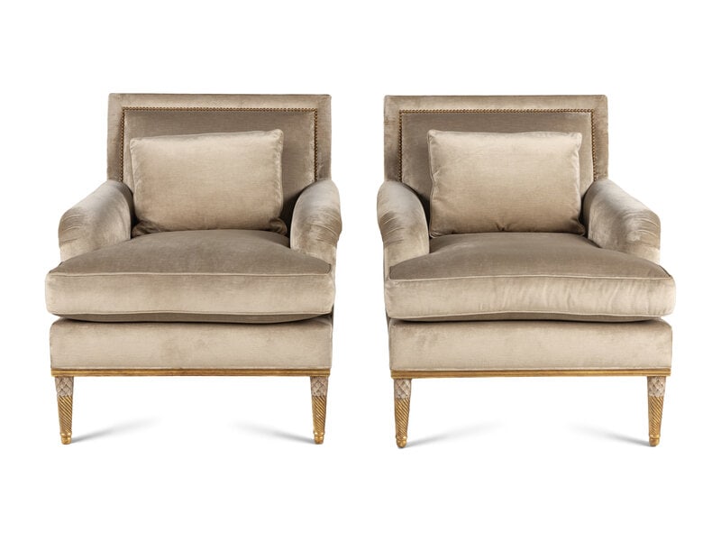 A Pair of Ebanista Lemaire Armchairs: A Pair of Ebanista Lemaire Armchairs raised on twist-carved giltwood legs. Height 35 x width 31 x depth 38 inches. This lot is located in Chicago.