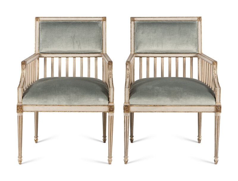 A Pair of Ebanista Florentina Painted and Parcel-Gilt Bergeres: A Pair of Ebanista Florentina Painted and Parcel-Gilt Bergeres 21st Century Height 36 3/4 x width 24 x depth 23 inches. This lot is located in Chicago.