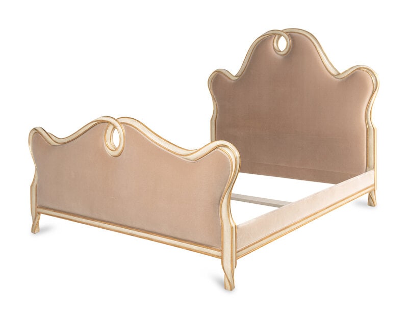 An Ebanista Beau Ruban Bed: An Ebanista Beau Ruban Bed including a headboard, footboard, side rails, center rail and cross supports. Height 69 x width 81 x depth 91 inches. This lot is located in Chicag