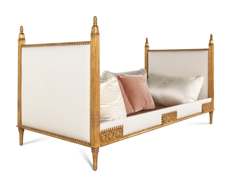 An Ebanista Villandry Daybed: An Ebanista Villandry Daybed together with a custom baldachin and drapery. Height 49 1/2 x width 88 x depth 46 inches. This lot is located in Chicago.