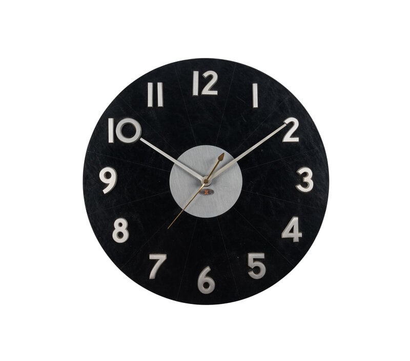 Arthur Umanoff (American, 1923–1985) Wall Clock, model 2504 Howard Miller Clock Company, USA: Arthur Umanoff (American, 1923–1985) Wall Clock, model 2504 Howard Miller Clock Company, USA vinyl, aluminum, lacquered wood 15 dia x 2 1/2 d in This lot is located in Chicago. <