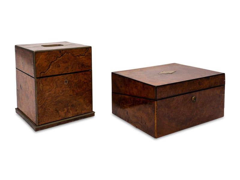 An English Burlwood Writing Slope and an English Burlwood Decanter Caddy: An English Burlwood Writing Slope and an English Burlwood Decanter Caddy 19th Century Height of caddy 10 x width 7 3/4 x depth 7 3/4 inches; height of writing slope 6 x width 12 x depth 9 3/8 inches.<