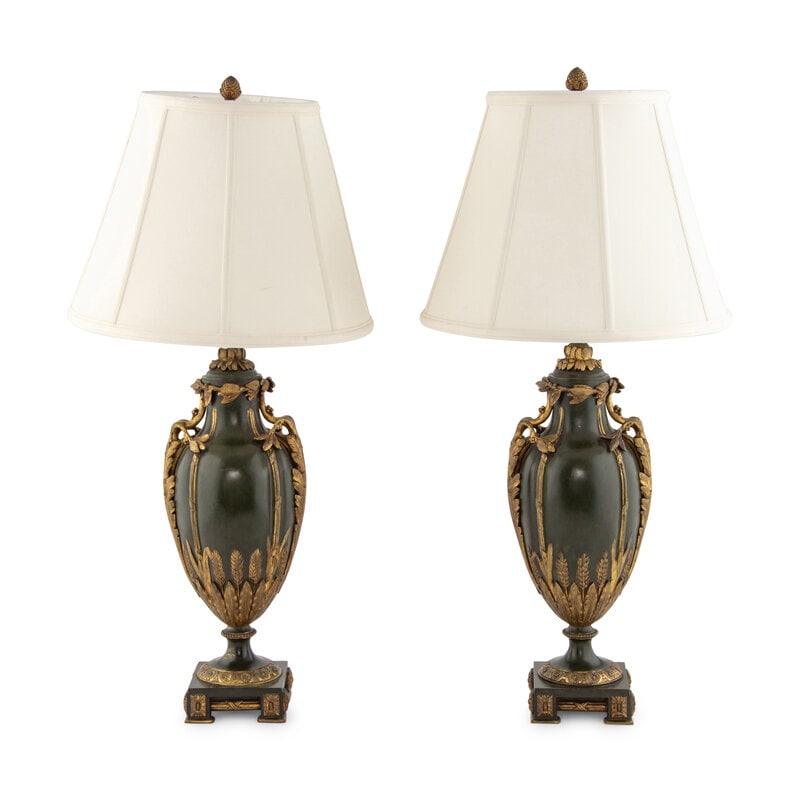 A Pair of Continental Gilt and Patinated Metal Urns Mounted as Lamps: A Pair of Continental Gilt and Patinated Metal Urns Mounted as Lamps 19th Century Height 30 x diameter 6 inches. (without shade) This lot is located in Chicago.