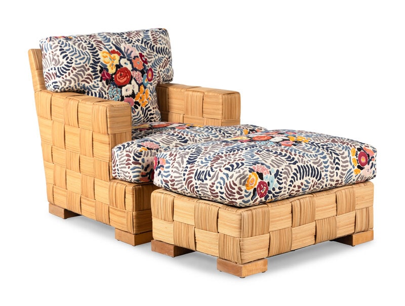 John Hutton (American, 1947-2006) Block Island Chair and OttomanDonghia, USA: John Hutton (American, 1947-2006) Block Island Chair and Ottoman Donghia, USA Donghia tag on decking on chair and ottoman Chair height 33 x width 32 x depth 34 inches. Ottoman height 16 x widt
