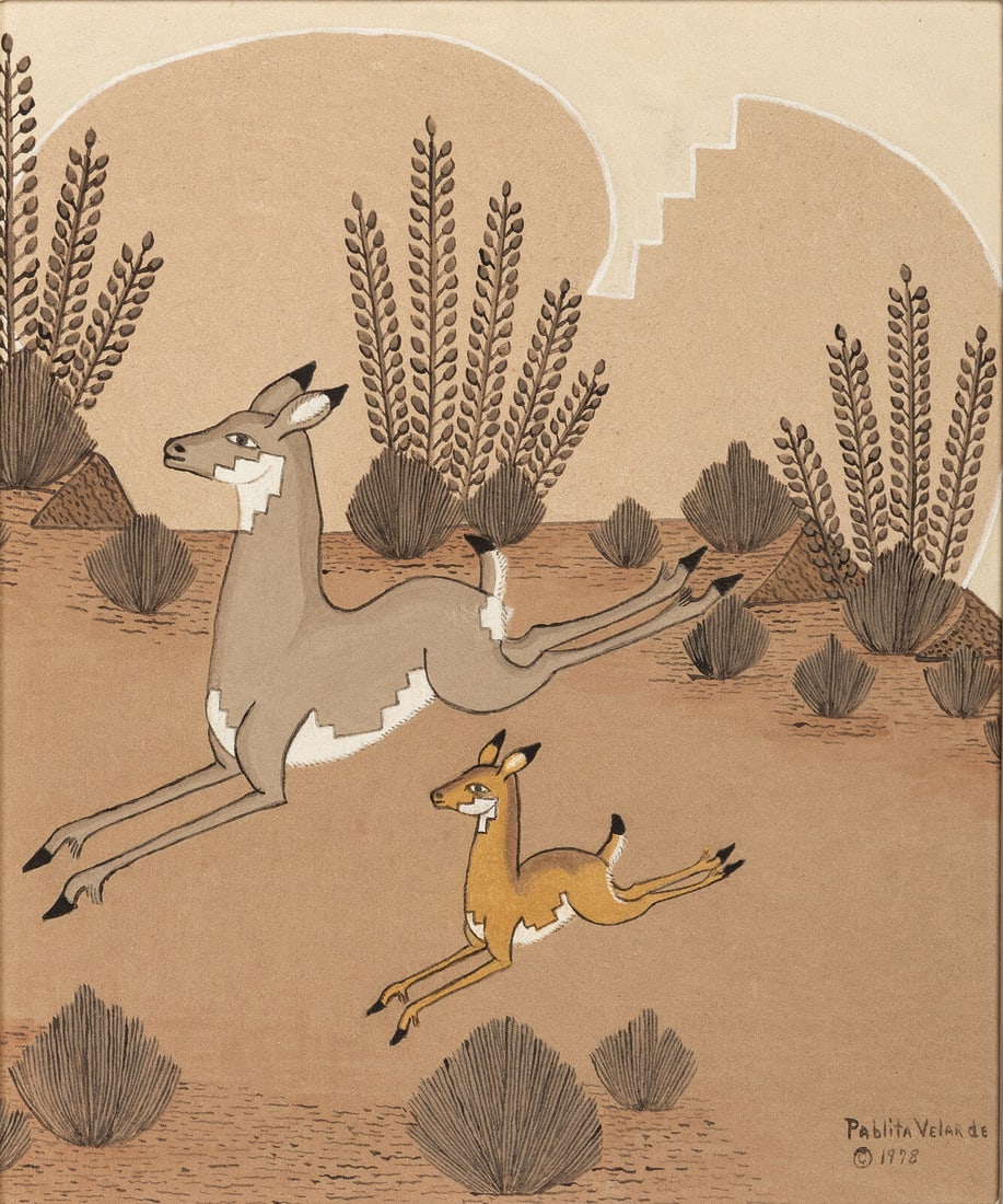 Pablita Velarde, Tse Tsan (Santa Clara, 1918-2006) untitled, two deer, 1978 (1 of 3)