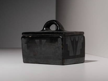 Maria Martinez (San Ildefonso, 1887-1980) Lidded Pottery Box1920-1925: Maria Martinez (San Ildefonso, 1887-1980) Lidded Pottery Box1920-1925 rectangular-shaped box with painted geometric elements throughout; signed Marie height 4 inches x length 4-1/2 inches x width 3-5/