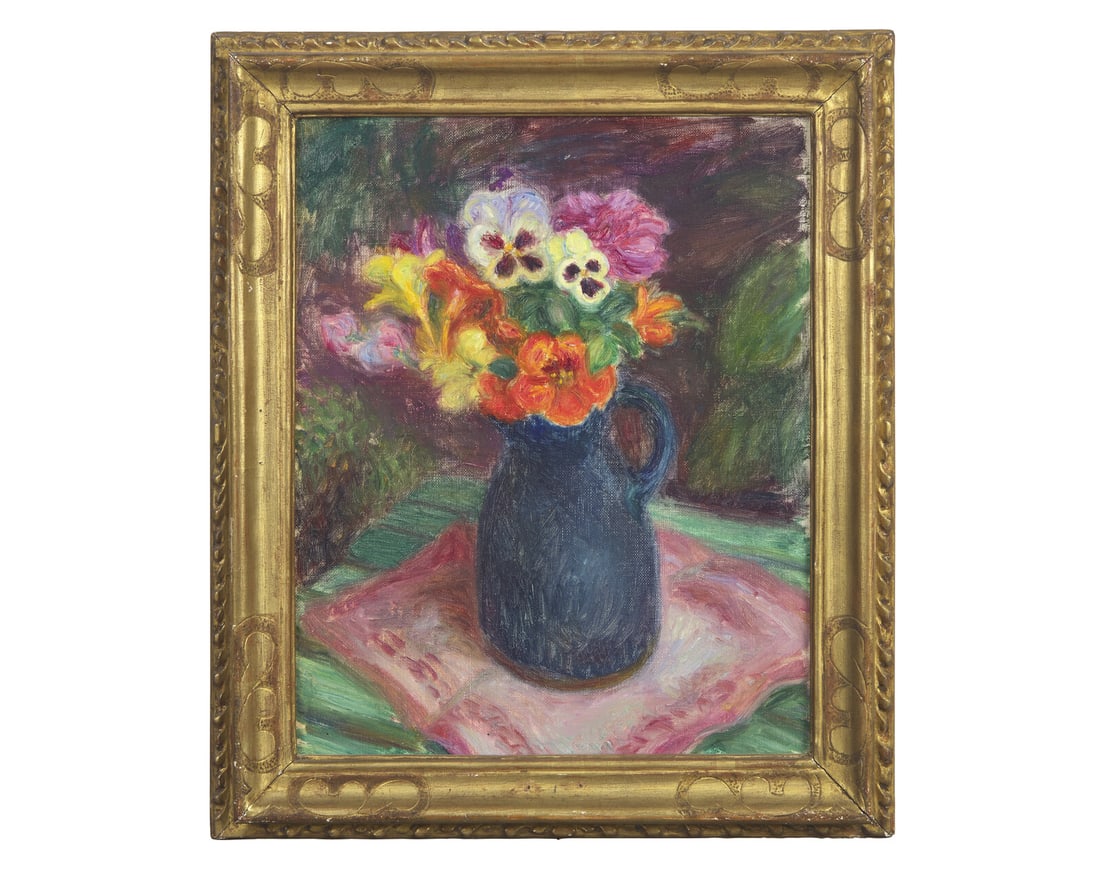 William Glackens (American, 1870-1938) Nasturtiums and Pansies: William Glackens (American, 1870-1938) Nasturtiums and Pansies oil on canvasboard stamped 'W.G by E.G' [Edith Dimock Glackens, the artist's widow] and titled verso 16 x 12 3/4 in. (40.6 x 32.4cm) This