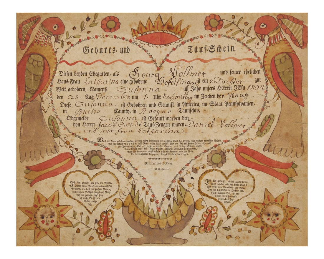 A Printed and Hand-Colored Birth and Baptism Record for George Kolmer, Johann Jacob Friedrich Krebs (1 of 2)