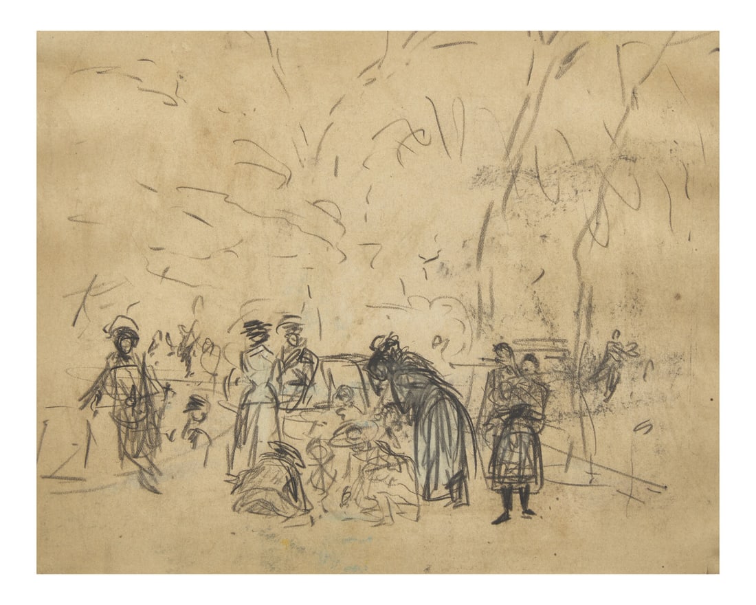 William Glackens (American, 1870-1938) The Nannies: William Glackens (American, 1870-1938) The Nannies conté crayon with blue chalk highlights on paper Sheet size: 7 3/8 x 9 3/16 in. (18.4 x 23.3cm) This lot is located in Philadelphia. The Collection