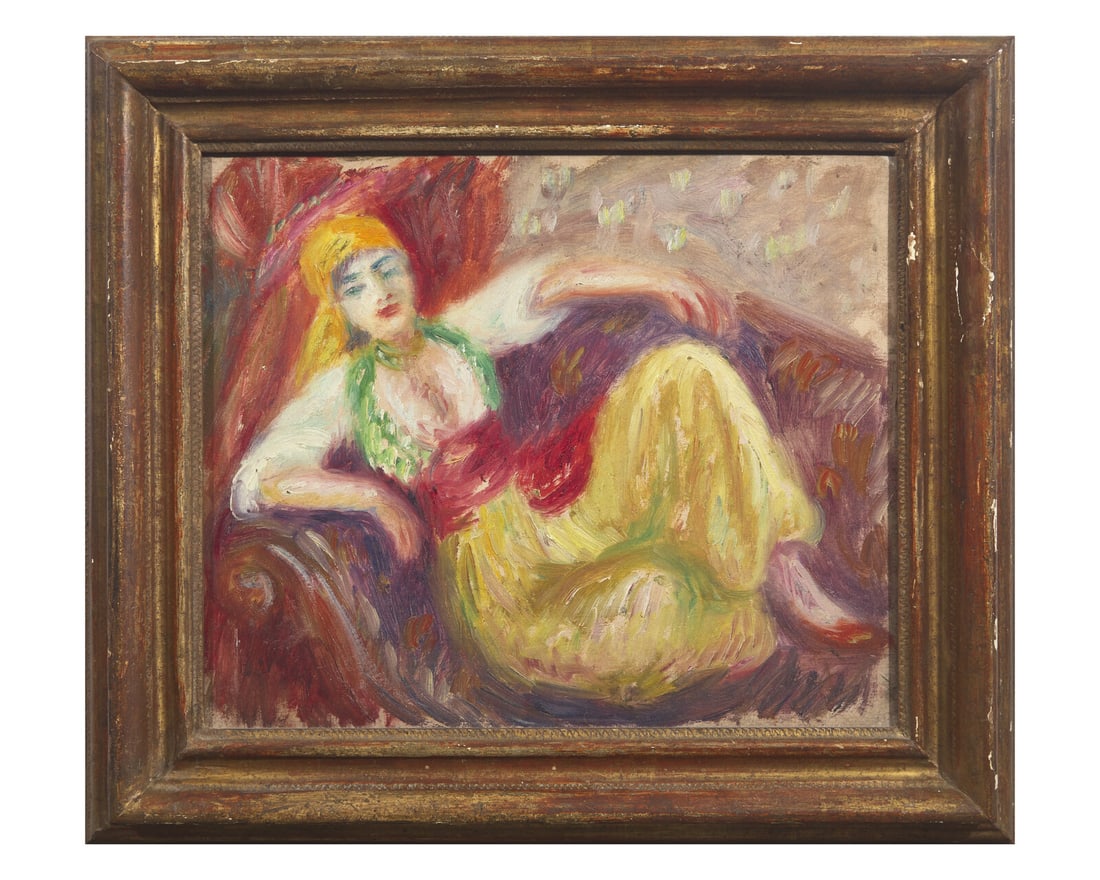 William Glackens (American, 1870-1938) Odalisque: William Glackens (American, 1870-1938) Odalisque oil on Masonite titled and (posthumously) stamp signed and numbered 'W.G. by EG [Edith Dimock Glackens, the artist's widow]/805B' verso 10 1/8 x 12 in.