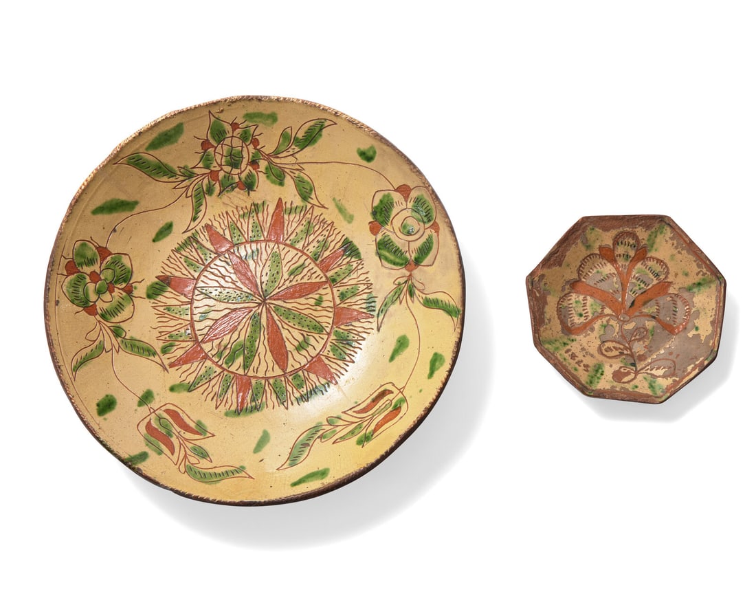 Two Glazed and Sgraffito- Decorated Redware Dishes, One Attributed to John Leidy (1753-1818),: Two Glazed and Sgraffito- Decorated Redware Dishes, One Attributed to John Leidy (1753-1818), Montgomery County, Pennsylvania A shallow bowl incised with compass star and flowering vine bearing old pa