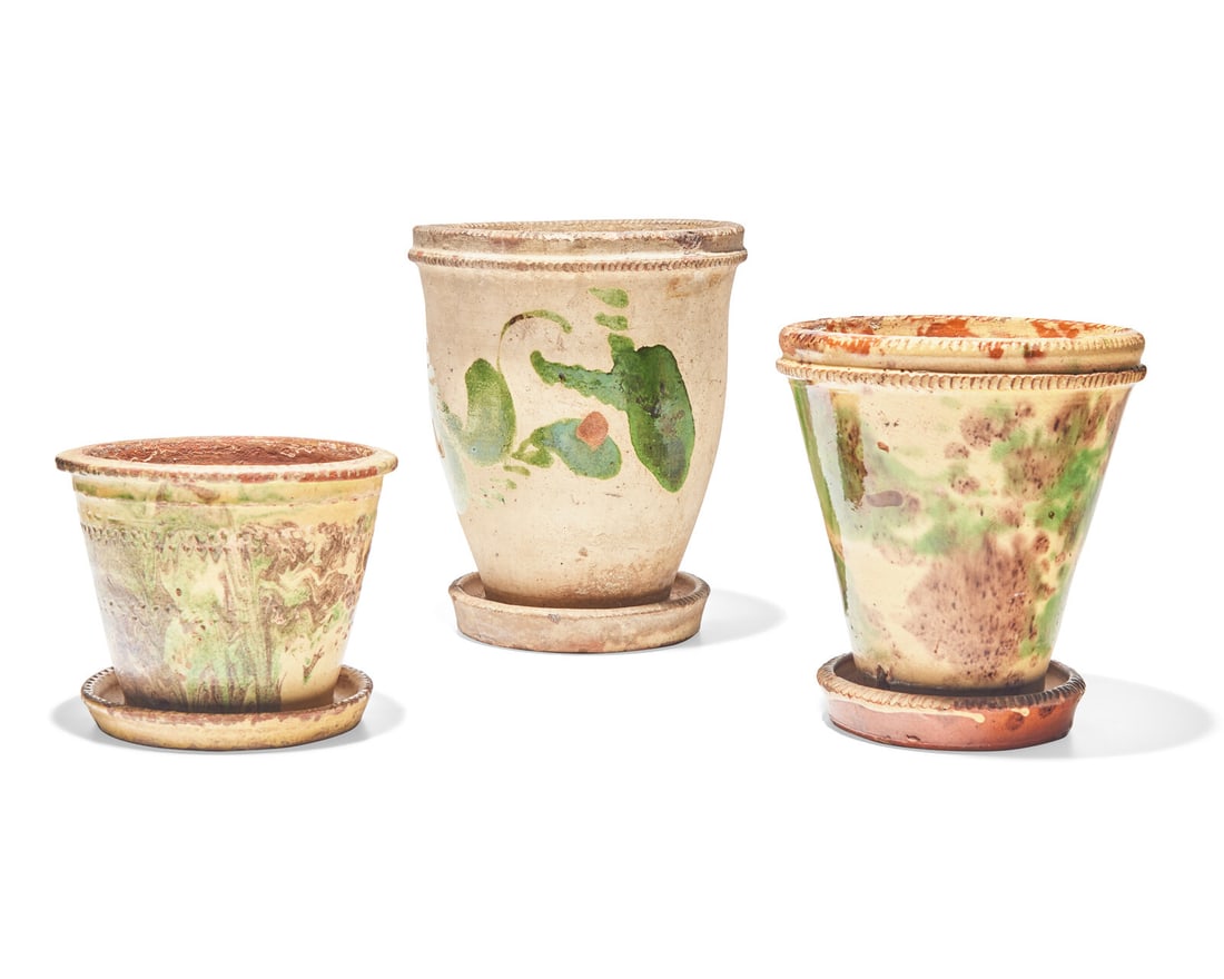 Three Shenandoah Valley Glazed Redware Flower Pots, Attributed to S. Bell & Sons or J. Eberly: Three Shenandoah Valley Glazed Redware Flower Pots, Attributed to S. Bell & Sons or J. Eberly & Co., Strasburg, Virginia, Circa 1890 The first two multi-glazed in green, brown and cream, the third