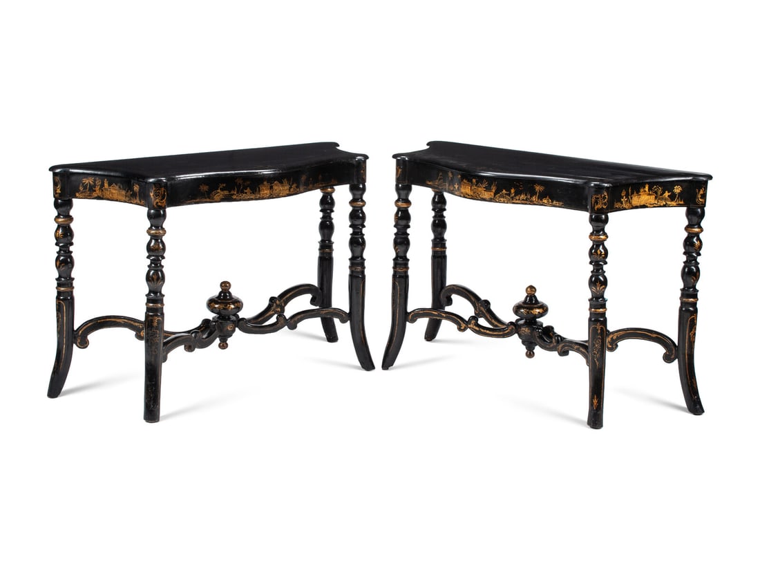 A Pair of English Black and Gilt-Japanned Console Tables: A Pair of English Black and Gilt-Japanned Console Tables 19th Century Height 32 ½ x width 49 x depth 20 ¾ inches.