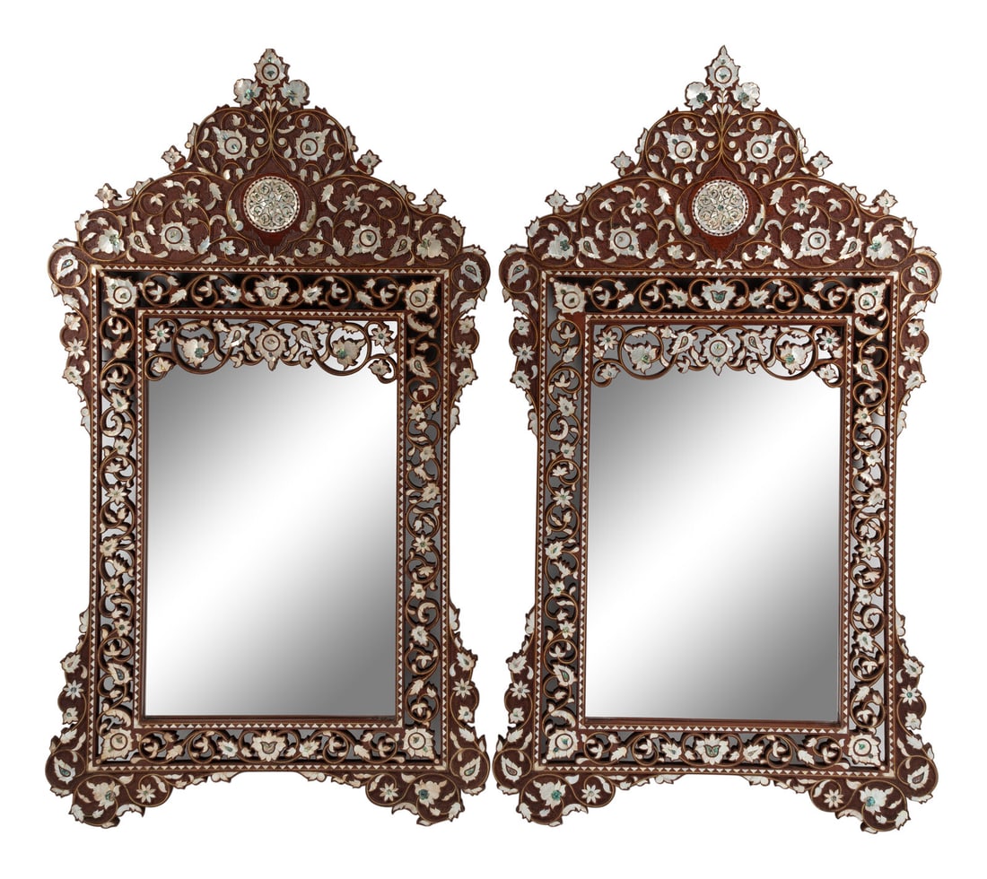 A Pair of Levantine Mother-of-Pearl and Abalone-Inlaid Carved Walnut Mirrors (1 of 4)