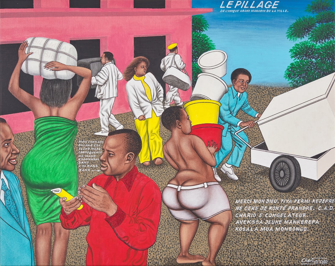 Chéri Samba (Congolese, b. 1956) Le Pillage De L'unique Grand Magasin De La Ville, 1991: Chéri Samba (Congolese, b. 1956) Le Pillage De L'unique Grand Magasin De La Ville, 1991 oil and glitter with mixed media on canvas signed Chéri Samba and dated (lower right); titled (upper r