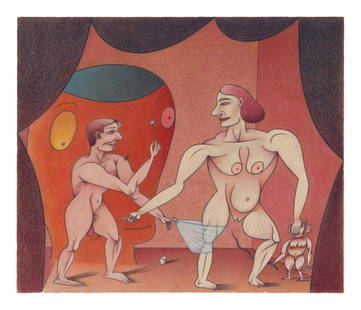 "Needless to say its rude to...!", 1983: Jim Nutt (American, b. 1938) "Needless to say its rude to...!", 1983 colored pencil on paper Signed Jim Nutt, titled and dated (verso) 11 1/2 x 14 inches. Property from the Collection of Evan Hughes,