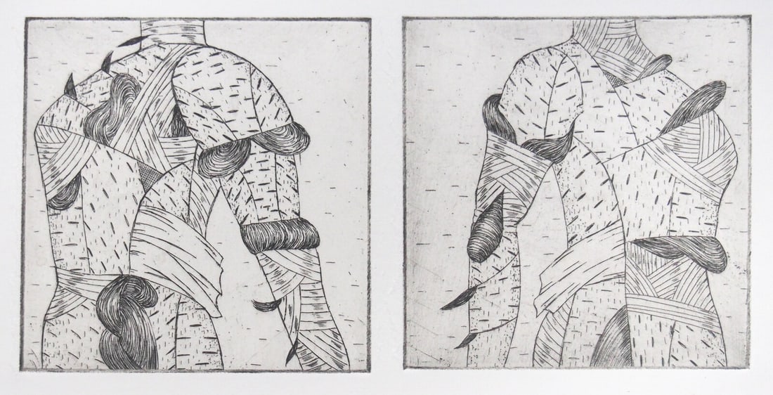 Christina Ramberg (American, 1946-1995) Back to Back, 1973 (a pair of etchings on a single sheet): Christina Ramberg (American, 1946-1995) Back to Back, 1973 (a pair of etchings on a single sheet) etchings each: 4 x 4 inches. Property from the Collection of Evan Hughes, Sydney, Australia Provenance