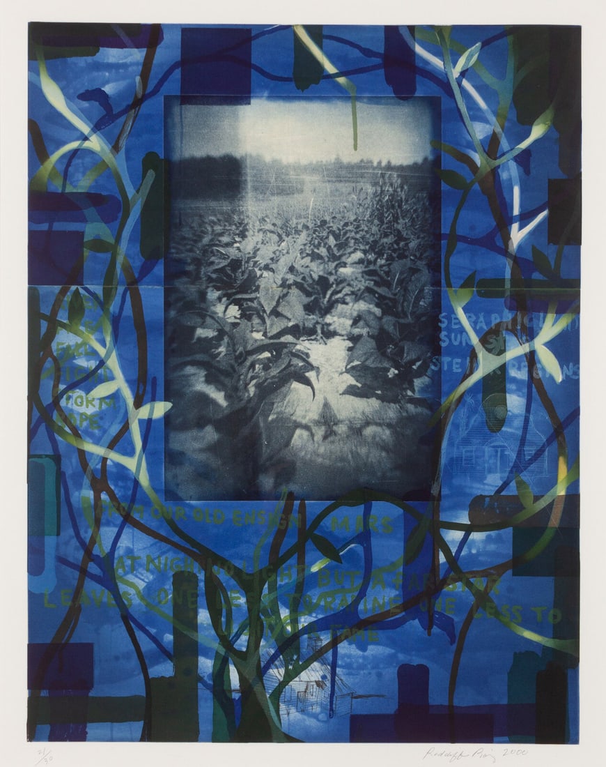Radcliffe Bailey (American, b. 1968) Tobacco Blues, 2000: Radcliffe Bailey (American, b. 1968) Tobacco Blues, 2000 color aquatint etching with photogravure and chine-collé signed, dated, and numbered 21/30 in pencil 42 x 33 inches.